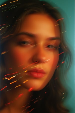 An abstract pattern of film burns and dynamic light streaks creates a vivid backdrop, shrouding a vaguely distinguishable, blurry photo of a face. The face is partially obscured by the chaotic interplay of intense film burns and radiant light patterns, which merge and swirl in an intricate, ethereal composition. The image features a high level of abstraction with distorted light and shadow, giving only the faintest hints of facial features through the heavy blur. Grainy, grain, film grain, candid, high contrast, film burn, analog texture, partial silhouette, Chiaroscuro, off-centered, asymmetrical, highlight bloom, filmic glow, blown-out highlights, moody, herbstphoto, herbst photo.  