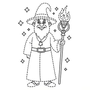 This image is a black-and-white line drawing, executed in Dashed Line Drawing Style, depicting an elderly wizard. The wizard is standing upright and appears to be in a relaxed, friendly demeanor. He is wearing a large, pointed wizard hat that covers his head and part of his face. The hat has a wide brim and is adorned with a tassel. The wizard's attire includes a long, flowing robe that reaches to his ankles. The robe has a wide belt with a large buckle, cinching the waist. His shoes are simple and appear to be sturdy, suitable for walking. In his right hand, the wizard holds a long staff topped with a flame, symbolizing his magical powers. The staff is decorated with intricate patterns and swirls, adding to the mystical appearance. Surrounding the wizard are several small, circular shapes, resembling magical orbs or bubbles, and stars, floating in the air, enhancing the magical atmosphere of the scene. The background is plain white, with no additional details or objects. The lines are clean and precise, giving the drawing a clear, detailed look. The drawing style is simple and straightforward, suitable for children's coloring books or educational purposes.