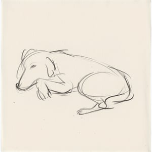 gstdrw A gentle gesture drawing of a sleeping dog, captured with soft, flowing pencil lines that convey the peacefulness and serenity of the moment. The lines are light and delicate, outlining the dog's relaxed form and the gentle rise and fall of its body as it breathes. Subtle smudges suggest the softness of its fur and the cozy environment around it, creating an inviting atmosphere. The background remains minimal, allowing the focus to remain on the dog's tranquil expression. The drawing is set on slightly textured, off-white paper, enhancing the organic feel and adding a warm, calming touch to the composition.