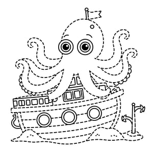 Dashed Line Drawing Style. A giant octopus on top of a sunken treasure ship.