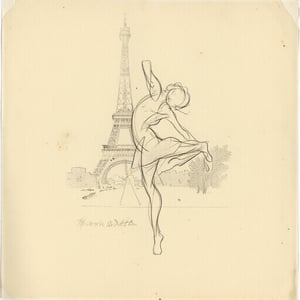 gstdrw A graceful gesture drawing of a ballerina poised in front of the Eiffel Tower, captured with flowing pencil lines that emphasize her elegant form and the fluidity of her movements. The lines are fine and expressive, showcasing her arched back and delicate arms as she performs a pirouette. The iconic silhouette of the Eiffel Tower rises in the background, suggested with light strokes that frame the dancer without overpowering her presence. Soft smudges hint at the atmosphere of a Parisian evening, creating a dreamy setting. The drawing is rendered on lightly textured, pale cream paper, adding a warm, organic feel that enhances the enchanting quality of the scene.