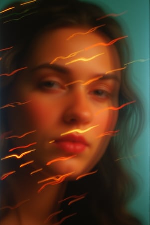 An abstract pattern of film burns and dynamic light streaks creates a vivid backdrop, shrouding a vaguely distinguishable, blurry photo of a face. The face is partially obscured by the chaotic interplay of intense film burns and radiant light patterns, which merge and swirl in an intricate, ethereal composition. The image features a high level of abstraction with distorted light and shadow, giving only the faintest hints of facial features through the heavy blur. Grainy, grain, film grain, candid, high contrast, film burn, analog texture, partial silhouette, Chiaroscuro, off-centered, asymmetrical, highlight bloom, filmic glow, blown-out highlights, moody, herbstphoto, herbst photo.  