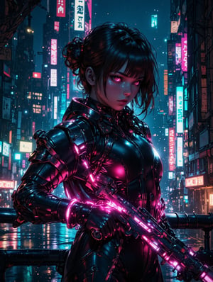 A close-up shot of the fierce young woman's determined face, her eyes locked onto some distant target as she grips her sleek firearm with confidence. The neon-lit cityscape sprawls out behind her, casting a vibrant glow on her futuristic mini outfit. The dark, moody skyline provides a dramatic backdrop, with towering skyscrapers and twinkling lights reflecting off the wet rooftop pavement.