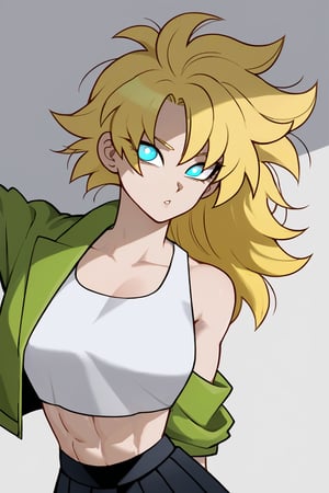 1woman, female_solo, medium muscles, six pack, (((long hairstyle, spiky hairs))) , (((hairs downwards, flowy hairs, loose hairs, yamcha hairstyle))), blonde hair, side swept bangs,  (((bangs))), ratatatat74 artstyle, solo focus, (no pupil, azure eyes)), sexy lips,  pale skin, ((ultra detailed pupils)), ((solo focus)), ((dragon ball style, super saiyan, yellow aura, white crop top, green jacket, black skirt, pleated skirt, half body)),dbsb