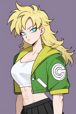 1woman, female_solo, medium muscles, six pack, (((long hairstyle, spiky hairs))) , (((hairs downwards, flowy hairs, loose hairs, yamcha hairstyle))), blonde hair, side swept bangs,  (((bangs))), ratatatat74 artstyle, solo focus, (no pupil, azure eyes)), sexy lips,  pale skin, ((ultra detailed pupils)), ((solo focus)), ((dragon ball style, super saiyan, yellow aura, white crop top, green jacket, black skirt, pleated skirt, half body)),dbsb