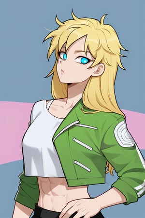 1woman, female_solo, medium muscles, six pack, (((long hairstyle, spiky hairs))) , (((hairs downwards, flowy hairs, loose hairs, yamcha hairstyle))), blonde hair, side swept bangs,  (((bangs))), ratatatat74 artstyle, solo focus, (no pupil, azure eyes)), sexy lips,  pale skin, ((ultra detailed pupils)), ((solo focus)), ((dragon ball style, super saiyan, yellow aura, white crop top, green jacket, black skirt, pleated skirt, half body)),dbsb