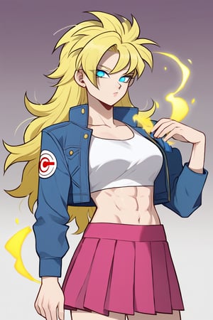 1woman, female_solo, medium muscles, six pack, (((long hairstyle, spiky hairs))) , (((hairs downwards, flowy hairs, loose hairs, yamcha hairstyle))), blonde hair, side swept bangs,  (((bangs))), ratatatat74 artstyle, solo focus, (no pupil, azure eyes)), sexy lips,  pale skin, ((ultra detailed pupils)), ((solo focus)), ((dragon ball style, super saiyan, yellow aura, denim jacket, white crop top, pink skirt, pleated skirt)) , standing, Ki Charge, yellow aura