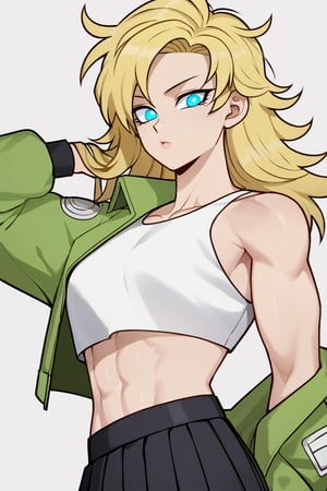 1woman, female_solo, medium muscles, six pack, (((long hairstyle, spiky hairs))) , (((hairs downwards, flowy hairs, loose hairs, yamcha hairstyle))), blonde hair, side swept bangs,  (((bangs))), ratatatat74 artstyle, solo focus, (no pupil, azure eyes)), sexy lips,  pale skin, ((ultra detailed pupils)), ((solo focus)), ((dragon ball style, super saiyan, yellow aura, white crop top, green jacket, black skirt, pleated skirt, half body)),dbsb