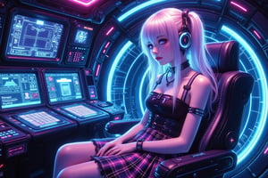 young japanese goth girl bounty hunter in a spaceship, blue violet and white console lighting, tartan skirt, pearlescent hair, epic realism