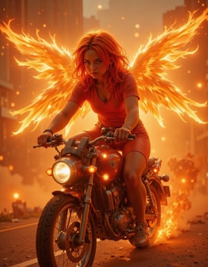 A fiery-haired girl perched on a gleaming bike, her wings crafted from flames, blaze brightly behind her. The camera captures a low-angle shot, looking up at the dynamic duo as they speed by, wind whipping through their hair. Warm sunlight casts a golden glow, highlighting the fiery hues and illuminating the cyclist's determined expression.