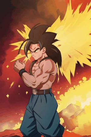 Saiyan warrior throws energy from his hands causing an explosion, the sky looks red orange from heat waves, 8k