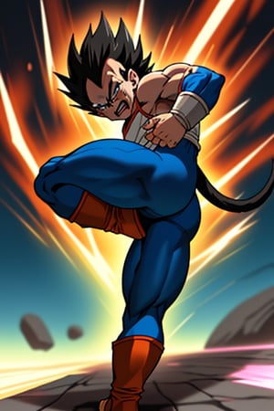 The Sayayin Vegeta attacks his enemy with a strong kick, 8k, wears blue Sayayin warrior costume, has a tail