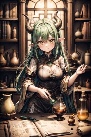 A girl alchemist with green hair, crossed bangs, yellow eyes, spiral ram horns, green potion in hand, renaissance_alchemist_studio