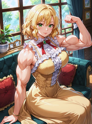 score_9, score_8_up, score_7_up, source_anime, (perfect anatomy:1.4), beautiful skin,
,//characters, 
1girl, solo sakurai momoka, sakuraimomoka1, short hair, wavy hair, blonde hair, green eyes, ((huge brest:1.30)), muscular arms, hard abs, dress, frills, bracelet, jewelry, window, sitting
,//situation, Luxury, Outrageously Beautiful Libraries

,//Pose, flexing one arm,
from above
,/LoRA, beautiful_female_fingers, (4_fingers and 1thumb on hand), (perfect hand), (beautiful hands), perfect anatomy, (muscular_female),