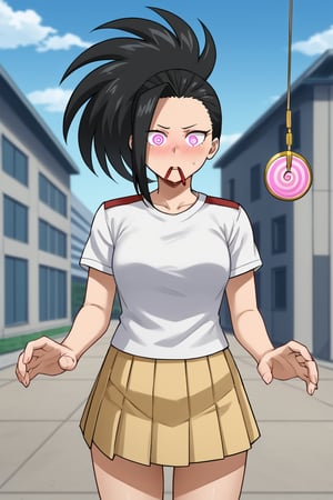 personaje 1: Girl, Hyaoyorozu momo, 1 girl, pink spiral eyes, black hair, ponytail, long hair, hair up, blushing, wearing a black T-shirt and a dark green pleated skirt. She is standing outside a school building in daylight, looking confused. Three-quarter body shot, thigh view, hypnosis, in the action of completely lifting her skirt, revealing pink underwear, with surprised expression, pendulum, clothes lift mouth hold, nice body, best quality, high resolution