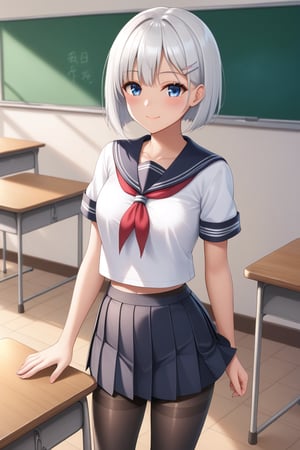 ((Masterpiece)), ((Ultra-detailed)), ((Best Quality)), ((Illustration)), ((High Resolution)), (Detailed light), (perfect anatomy), ((school uniform, white shirt, serafuku, short sleeves, pleated skirt, white miniskirt, black pantyhose)), ((white hair, bob cut, hair clip)), blue eyes, medium chest, shiny pantyhose, shiny skin, scenery, thighband pantyhose, smile, ((classroom)), bbsiesta, siesta (tantei wa mou shindeiru),
