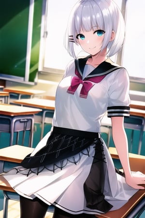 ((Masterpiece)), ((Ultra-detailed)), ((Best Quality)), ((Illustration)), ((High Resolution)), (Detailed light), (perfect anatomy), ((school uniform, white shirt, serafuku, short sleeves, pleated skirt, white miniskirt, black pantyhose)), ((white hair, bob cut, hair clip)), pink spiral eyes, medium chest, shiny pantyhose, shiny skin, scenery, thighband pantyhose, smile, ((classroom)), bbsiesta, siesta (tantei wa mou shindeiru),
