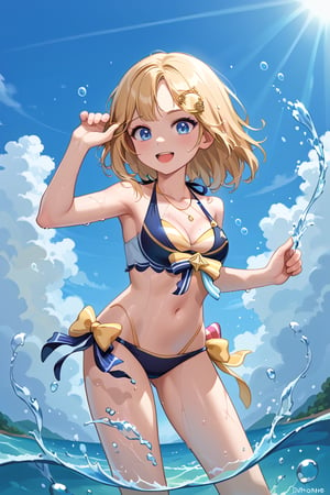 1girl, solo, amelia watson, blonde bob cut, blue eyes, monocle hair ornament, fair skin, happy

Light pink bikini with geometric design/line pattern, triangle style, side-tie bottom bikini strings, thin halter neck straps, string bikini, swimsuit,

Bright blue sky, fluffy white clouds, scattered water bubbles, water splashes, summer environment, bright sunlight, clear day, white clouds, summer day,

Standing in waist-deep water, frontal view facing viewer, playing with hair with one hand, dynamic and playful pose, body slightly turned, water splashing around her body, water droplets on skin, splash effects, wet skin, swimming pose,more detail XL,