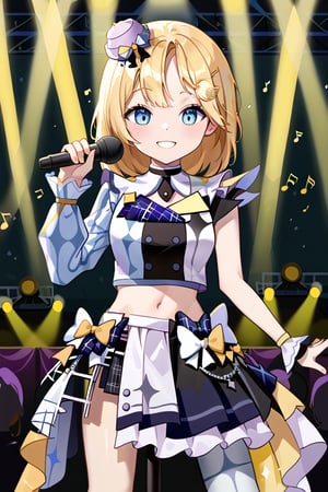 1girl, solo, amelia_watson, bob cut, light smile,

mini hat, bow, hololive idol uniform, waist cape, layered skirt, wrist cuffs, single thighhigh, single sleeve, monocle hair ornament, midriff

stage, yellow lights

dynamic pose, holding microphone, singing,more detail XL