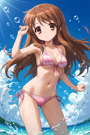 1girl, solo, mikuru asahina, long hair, brown hair, brown eyes,

Light pink bikini with geometric design/line pattern, triangle style, side-tie bottom bikini strings, thin halter neck straps, string bikini, swimsuit,

Bright blue sky, fluffy white clouds, scattered water bubbles, water splashes, summer environment, bright sunlight, clear day, white clouds, summer day,

Standing in waist-deep water, frontal view facing viewer, playing with hair with one hand, dynamic and playful pose, body slightly turned, water splashing around her body, water droplets on skin, splash effects, wet skin, swimming pose,more detail XL,