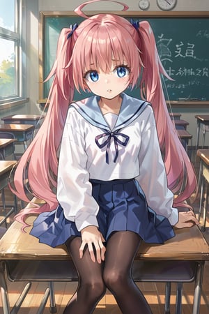 1girl, solo, long hair, looking at viewer, blush, bangs, blue eyes, skirt, shirt, long sleeves, ribbon, twintails, sitting, very long hair, school uniform, white shirt, pink hair, ahoge, pantyhose, pleated skirt, parted lips, serafuku, indoors, sailor collar, blue skirt, black pantyhose, window, neck ribbon, feet out of frame, blue sailor collar, desk, between legs, hand between legs, classroom, school desk, chalkboard, on desk, sitting on desk,score_9, score_8_up, score_7_up,source_anime,BREAK,