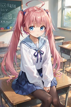 1girl, solo, long hair, looking at viewer, blush, bangs, blue eyes, skirt, shirt, long sleeves, ribbon, twintails, sitting, very long hair, school uniform, white shirt, pink hair, ahoge, pantyhose, pleated skirt, parted lips, serafuku, indoors, sailor collar, blue skirt, black pantyhose, window, neck ribbon, feet out of frame, blue sailor collar, desk, between legs, hand between legs, classroom, school desk, chalkboard, on desk, sitting on desk,score_9, score_8_up, score_7_up,source_anime,BREAK,