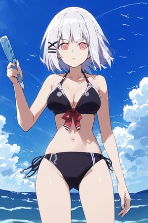 siesta, short hair, bangs, pink spiral eyes, hair ornament, white hair, hairclip, swimsuit red and white