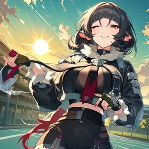 High school girl, the girl is soaked, mischievous look, short hair, boyish, dark hair, red eyes, high school, sun,((black jacket with rolled up sleeves)), fingerless gloves, white t-shirt, ((white headband) ), black pants, white shoes, brown belt, eyes closed, mouth open and smiling,jane doe \(zenless zone zero\), black shorts,