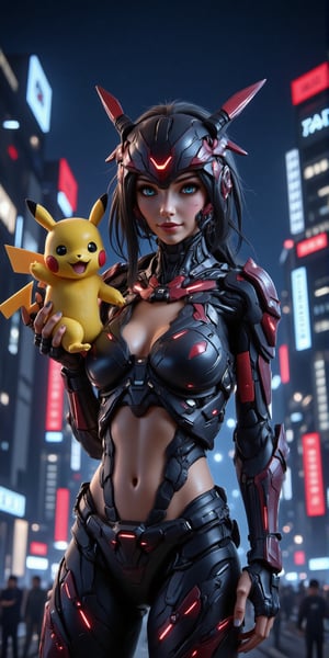 A futuristic cyberpunk close-up portrait of a young woman, her eyes shining bright as she holds a real-life Pikachu in her hand. The camera zooms in on the duo from an unusual angle, capturing the intricate details of her mecha-inspired cyborg outfit and the Pikach's endearing expression. Her pose is relaxed yet confident, with a hint of action and energy emanating from her stance. The time and place are unknown, but the vibrant neon lights of the cityscape blur together in the background, while the foreground remains sharp and focused on the subject. The overall aesthetic is trendy and cutting-edge, blending sci-fi fantasy with a touch of whimsy.