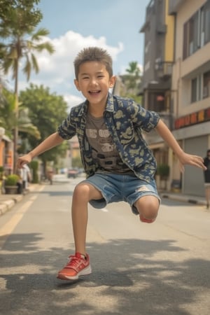 Close-up shot of a boy's ecstatic face, his eyes squinting in joy as he leaps over a speeding car on a bustling street. The warm sunlight casts a golden glow on his features, while the bright blue shadows scattered across his skin create an intense contrast. Low-angle perspective from the street level, with the camera positioned to capture the boy's dynamic pose as he soars above the vehicle, bathed in a pool of backlight.