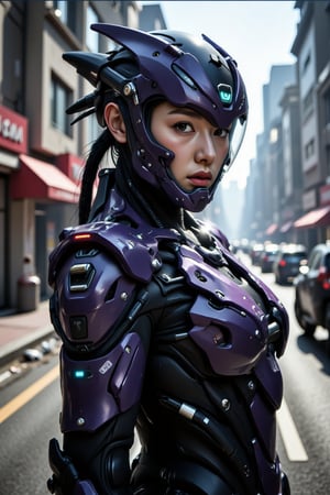 Close-up shot of a young Korean woman donning a sleek mecha armor suit, standing beside her trusty mecha armor motorbike. Her helmet's translucent visor glows with an inner light, as she poses confidently amidst the chaos of the broken street in this dystopian city. Sunlight casts long shadows on the cracked pavement, while smoke and debris swirl around her, creating a gritty atmosphere. The woman's determined gaze seems to pierce through the veil of destruction, capturing our attention.