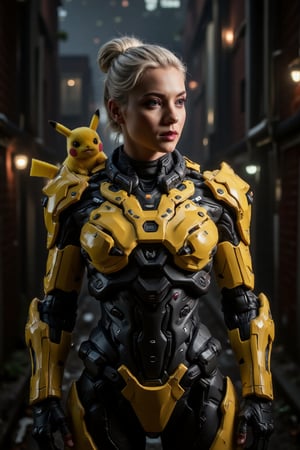 A majestic white-haired warrior woman clad in gleaming metallic yellow techware, embodying the Elite Japanese soldier Warframe, stands proudly alongside a tiny but fierce Pikachu. Framed against a darkened, misty urban backdrop, the duo is bathed in a warm, golden light that accentuates their textures and highlights the intricate details of her armor. Hyper-realistic rendering captures every nuance, from the softness of Pikachu's fur to the metallic sheen on the warrior's suit.