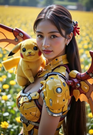 Real-life Pikachu perches on the shoulder of a young woman donning a mecha kimono with armor, her lovely face aglow in the warm sunlight. Her long hair flows behind her like a golden river as a gentle breeze rustles the wing, lifting petals from the vast flower field below. The soft focus captures the delicate dance of foliage shadows on her skin and the Pikachu's bright, curious eyes, while lens flare and sunlit highlights add depth to this fantastical scene.