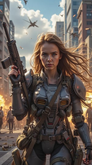 Close-up on a determined young woman's serene face, her long hair whipping wildly in the gusty wind as she wears imposing Gundam armor and grips an M16 rifle tightly. In the turbulent backdrop, a maelstrom of flying bullets and explosions ravages the urban landscape, yet her stoic expression remains unshaken.