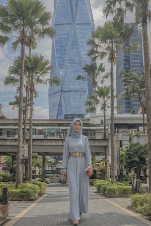 Under the majestic pines near Merdeka Tower's sleek, modern architecture, a stunning Malay woman walks confidently, her light blue hijab and long scarf flowing behind her. She wears a stylish, belted dress with intricate accessories, her tablet clutched in hand. The vibrant flower landscape surrounding her adds pops of color to the serene atmosphere. Soft sunlight filters through the pine trees, casting dappled shadows on her elegant features as she makes her way under the elevated MRT railway.,HDR