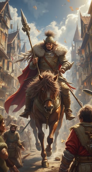 A fierce warrior prince astride his majestic steed, grasping a mighty spear in hand, wears a ferocious scowl and dons a majestic fur headdress, as well as armor of the same, amidst the tumultuous backdrop of a chaotic town, with crumbling buildings and fleeing villagers.