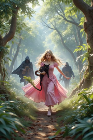 A whimsical princess, dressed in flowing pink attire, flees through a misty forest glade as leaves and vines swirl around her. She clutches a sleek black cat to her chest, its tail entwined with a sprig of ferns. In hot pursuit are three shadowy figures, their faces obscured by hoods and capes, their footsteps rustling the underbrush.