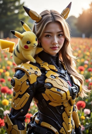 A whimsical scene unfolds: a young woman, adorned in a mecha kimono with armor, stands proudly as Pikachu perches on her shoulder, basking in warm sunlight that illuminates her lovely face. Her long golden hair flows behind her like a river, while the gentle breeze rustles the wing and lifts petals from the vast flower field below. The soft focus captures the delicate dance of foliage shadows on her skin and Pikachu's bright, curious eyes. Lens flare and sunlit highlights add depth to this fantastical scene, where armor-clad beauty meets electric charm.