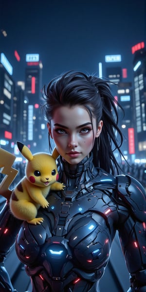 A futuristic close-up portrait of a young woman, her face aglow in the soft blue light of a cyberpunk cityscape. fluffy Pikachu perches on her shoulder, its electric eyes shining bright. The woman's trendy outfit glows with neon accents, her hair styled in a mesmerizing undercut. She gazes directly at the viewer, her expression a perfect blend of curiosity and determination. The mecha cyborg armada looms in the background, a blurred haze of steel and circuitry.