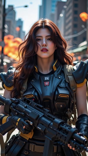 Close-up on a determined young woman's serene face, her long hair whipping wildly in the gusty wind as she wears imposing Gundam armor and grips an M16 rifle tightly. In the turbulent backdrop, a maelstrom of flying bullets and explosions ravages the urban landscape, yet her stoic expression remains unshaken.