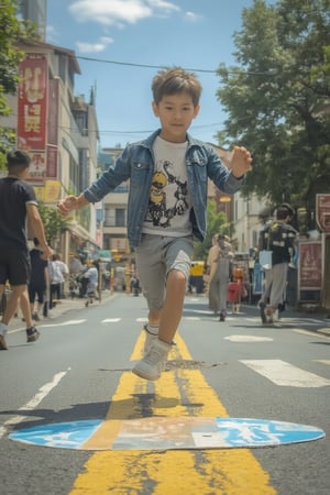 High-speed HDR capture of a dynamic scene: a bright-eyed boy leaps over a speeding car on a bustling street, his face aglow in warm sunlight. Framed from a low angle, the shot presents a thrilling perspective as the boy's features are illuminated by a concentrated light beam, casting a vibrant blue shadow amidst the chaos.