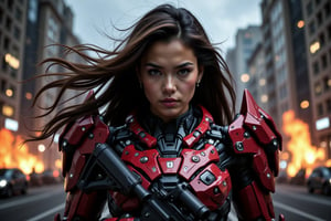 Close-up on a determined young woman's serene face, her long hair whipping wildly in the gusty wind as she wears imposing Gundam armor and grips an M16 rifle tightly. In the turbulent backdrop, a maelstrom of flying bullets and explosions ravages the urban landscape, yet her stoic expression remains unshaken.