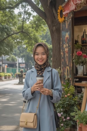 A warm closeup portrait of a hijabi woman radiates joy, her bright smile illuminating the soft morning light dancing across her face beneath the towering pine tree's gentle shade. She cradles a cup of coffee in her light blue office attire against the vibrant decorations of her cozy stall, set amidst the urban landscape of Merdeka city. The MRT railway tracks weave through the metropolis, while flowers spill onto the pavement, adding natural beauty to this charming scene.