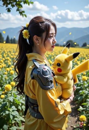 A lovely Pikachu stands serenely on the shoulder of a young woman clad in mecha kimono with metallic armor, its adorable face upturned as wind whispers through her long hair. The vast flower field at the mountain's peak stretches out before them, petals gently falling all around like confetti. Foliage shadows dance across their faces and bodies, while lens flares and sunlight shadows add a touch of drama to this whimsical scene.