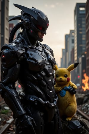 A futuristic battlefield scene: a heavily armored Japanese warrior, adorned in sleek techware, stands shoulder-to-shoulder with a diminutive Pikachu clad in matching gear. The Warframe's gleaming armor reflects the harsh light of the setting sun, while Pikachu's electric blue fur glistens with dew. The composition is dynamic, with the duo framed by a smoldering cityscape. Intricate textures on the techware and Pikachu's fur are rendered in hyper-realistic detail, drawing the viewer's eye to every subtle nuance.