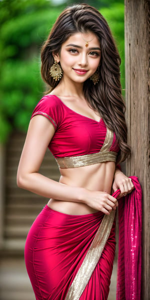  

The image shows a woman dressed in a red saree with intricate sequined details along the borders. She is smiling, and her long, straight hair falls to one side. She is wearing traditional earrings and has a small bindi on her forehead. The background is plain and dark, which highlights her bright red saree. The overall look is traditional and elegant, conveying a sense of cultural beauty.
Indian,little smiling, smooth