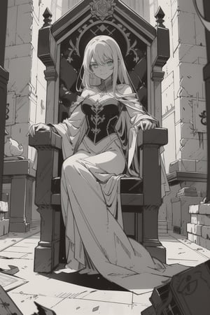 "(masterpiece), (best quality), (high resolution), (8k illustration), (absurdres), anime style, 1girl, character inspired by Albedo from Overlord, sitting on a grand throne inside a dark, gothic castle. She has long, flowing white hair and is dressed in an elegant, white gown. The character is smiling malefically, with a sinister and confident expression, her posture exuding power and authority. The throne room is dimly lit, with towering stone walls, ornate decorations, and flickering shadows that add to the dark and majestic atmosphere. Soft light highlights her malevolent smile and the intricate details of the scene. Full body shot, focus on the throne and the eerie setting."