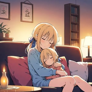 An anime-style character inspired by Saber, peacefully sleeping while sitting on a cozy sofa inside a warm, comfortable home. She is dressed in casual, comfortable clothing, with her head slightly tilted to the side, resting against the back of the sofa. The soft lighting in the room creates a calm and inviting atmosphere, with blankets and pillows adding to the coziness. A small fireplace or warm light in the background adds a homely, serene feel to the scene.