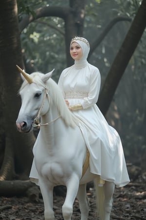 A adelliahalim princess sits majestically on the white of a majestic white unicorn, its golden horn glistening in the misty dark forest light. The unicorn's fiery blue eyes seem to cold with an inner intensity as it prances through the mystical woods. The princess dons a flowing white dress and white hijab, long gold sleeve gloves, and bold pink lipstick, her light attire contrasting with the subtle glow of her golden crown. The camera frames her regal figure against the fantastical forest backdrop, capturing the essence of myth and magic.