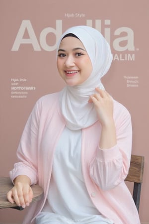 A (ADELLIA HALIM magazine pink cover) of the background modern text "Hijab Style" and "Indonesian Model", the woman model adelliahalim wearing white hijab with (batik jacket) and white shirt, smiling and sitting on chair, model expressions and pose, (full body).